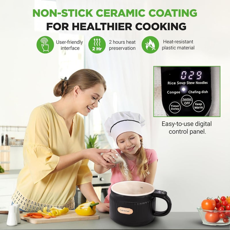 NutriChef 1.6 QT Portable Electric Rice Cooker & Lunch Maker | Multi-Functional & Non-Stick Ceramic Coating | Digital Control Panel | 6 Cook Functions: Rice, Soup, Stew, Porridge & More | Black - Image 3